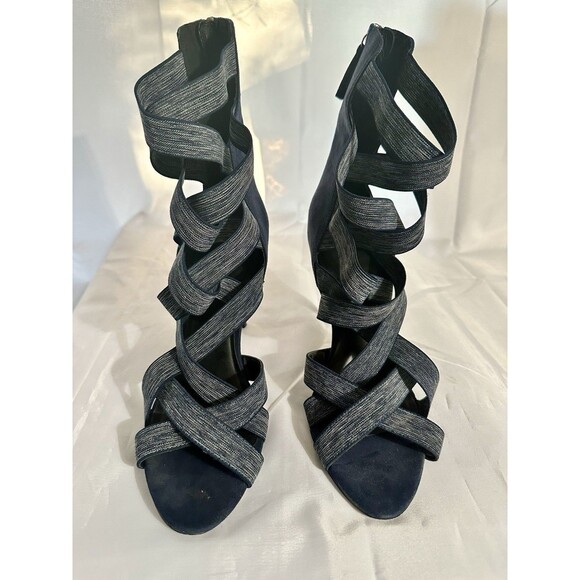 Daya by Zendaya Women Blue Denim Caged Heels Elastic Straps Open Toe Size 10 - Picture 2 of 8
